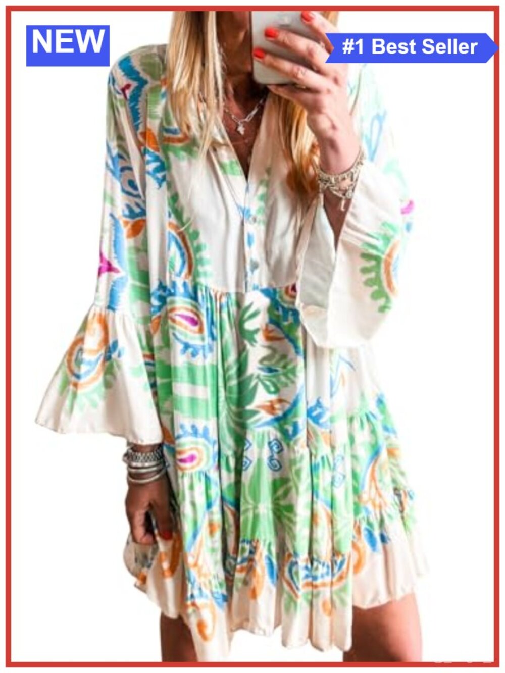 Womens Bohemian Floral Mini Dress V Neck 3/4 Sleeve A-Line Casual
